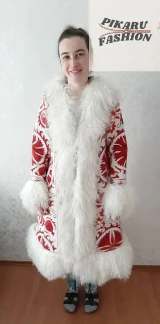 Red Suzani Embroidered Wool Coat with White Mongolian Fur Trim