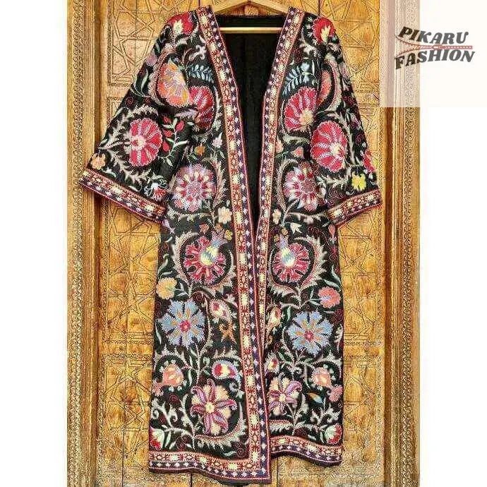 Bohemian Floral Embroidered Kimono Coat – Black Suzan Style