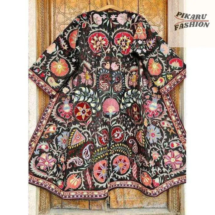Bohemian Floral Embroidered Kimono Coat – Black Suzan Style