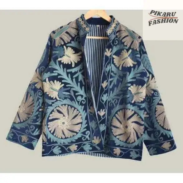 Bohemian Floral Embroidered Jacket – Navy Blue & Beige - PIKARU FASHION