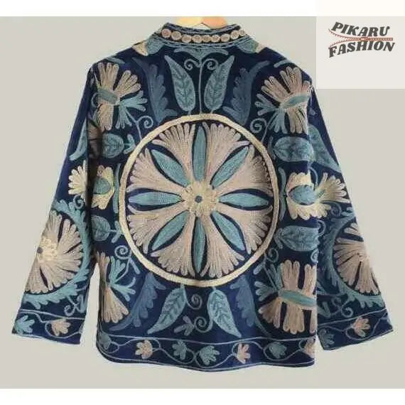 Bohemian Floral Embroidered Jacket – Navy Blue & Beige - PIKARU FASHION