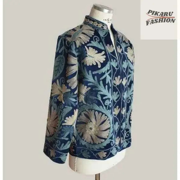 Bohemian Floral Embroidered Jacket – Navy Blue & Beige - PIKARU FASHION