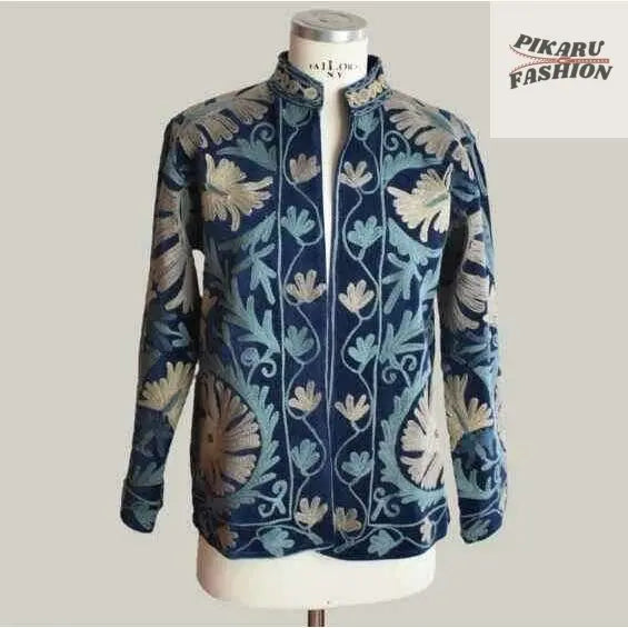 Bohemian Floral Embroidered Jacket – Navy Blue & Beige - PIKARU FASHION