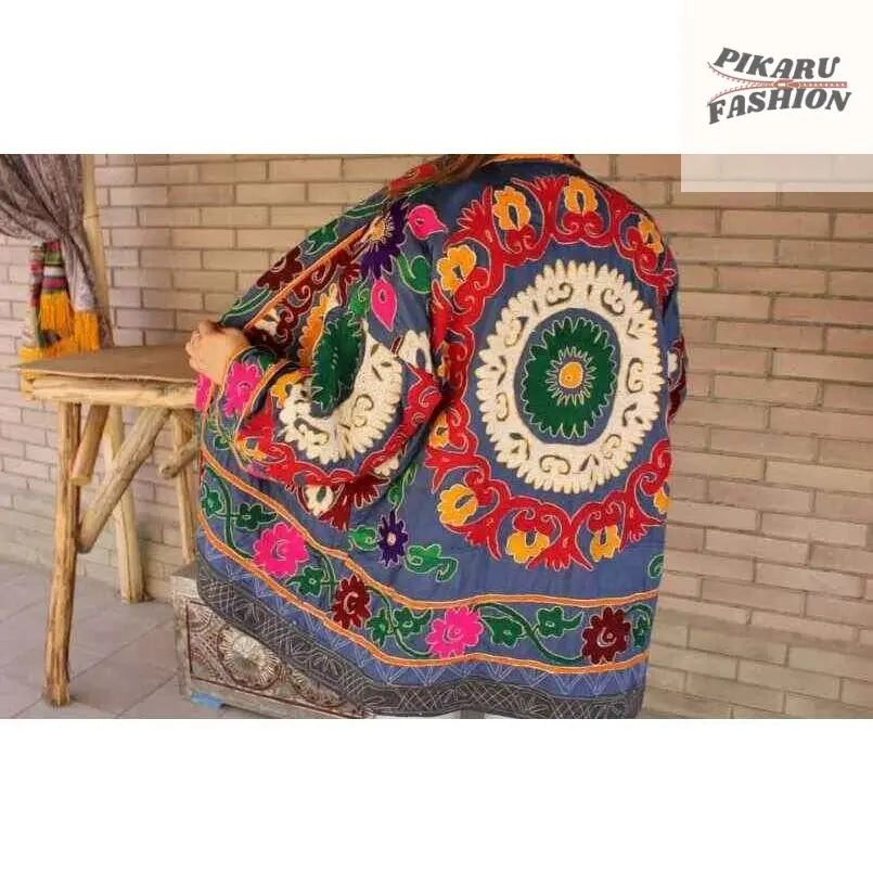 Bohemian Suzani Embroidered Jacket – Multicolor Handcrafted Kimono - PIKARU FASHION