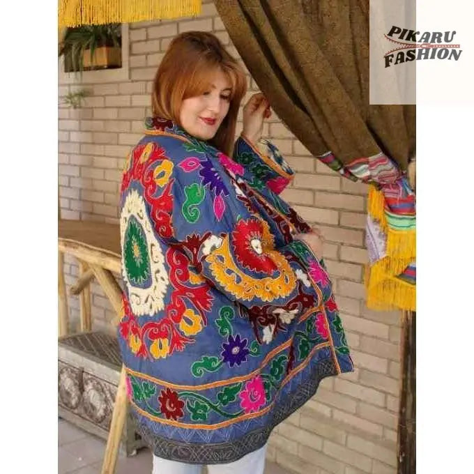 Bohemian Suzani Embroidered Jacket – Multicolor Handcrafted Kimono - PIKARU FASHION