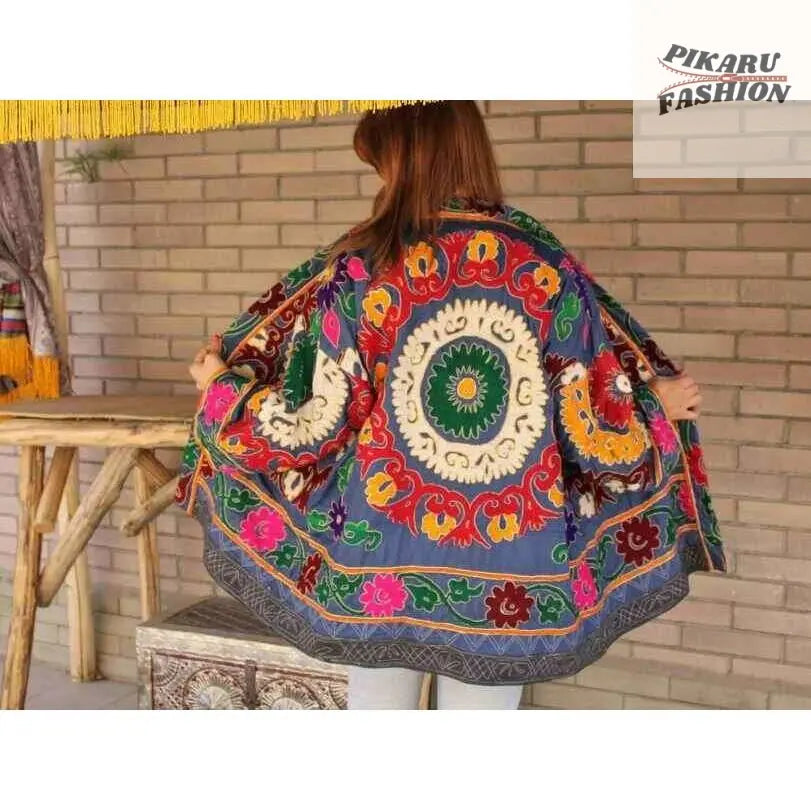 Bohemian Suzani Embroidered Jacket – Multicolor Handcrafted Kimono - PIKARU FASHION