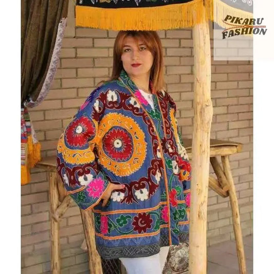 Bohemian Suzani Embroidered Jacket – Multicolor Handcrafted Kimono - PIKARU FASHION