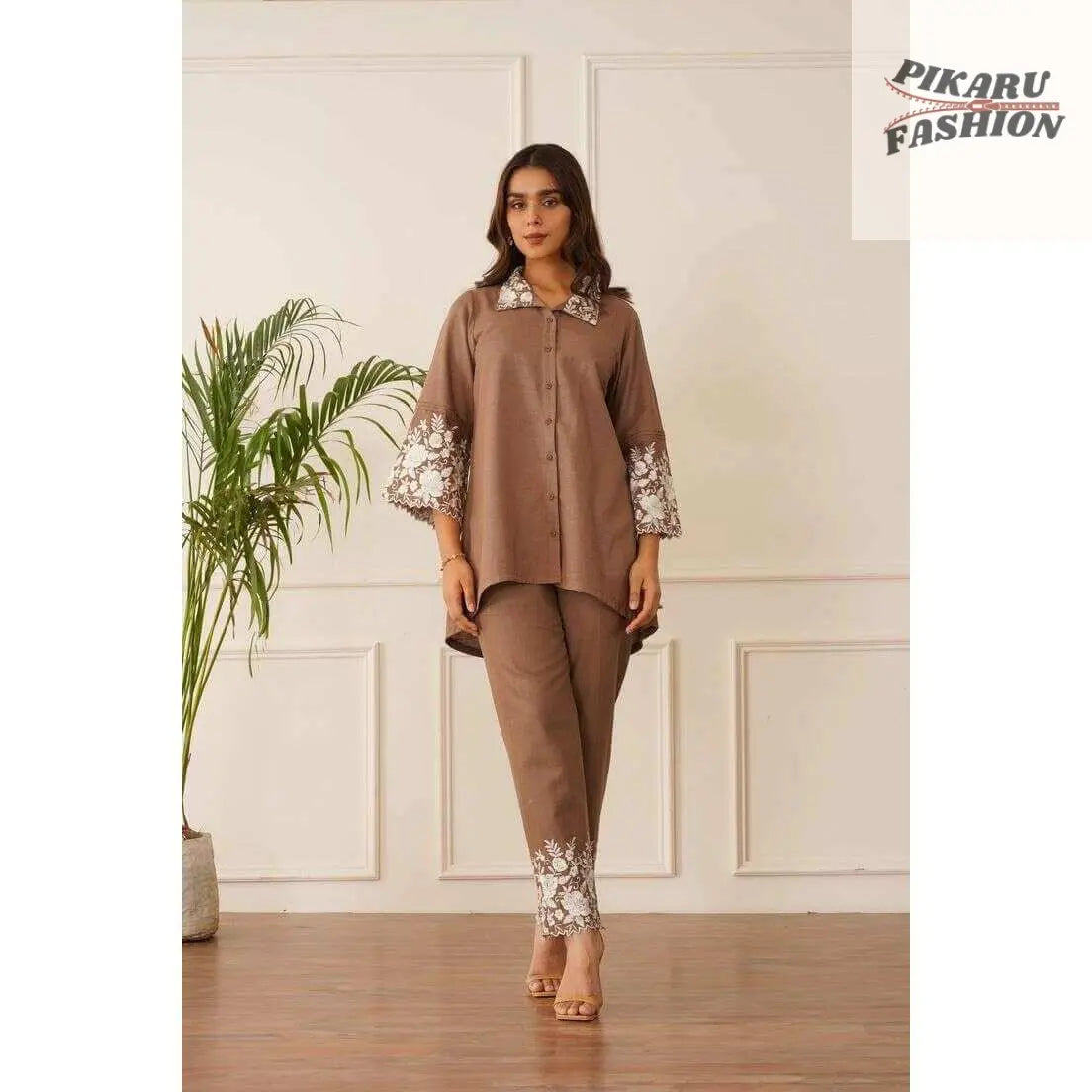 Brown Embroidered 2-Piece Co-Ord Set - PIKARU FASHION