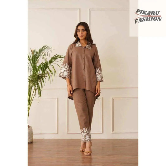 Brown Embroidered 2-Piece Co-Ord Set - PIKARU FASHION
