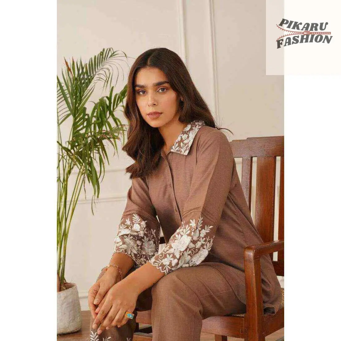 Brown Embroidered 2-Piece Co-Ord Set