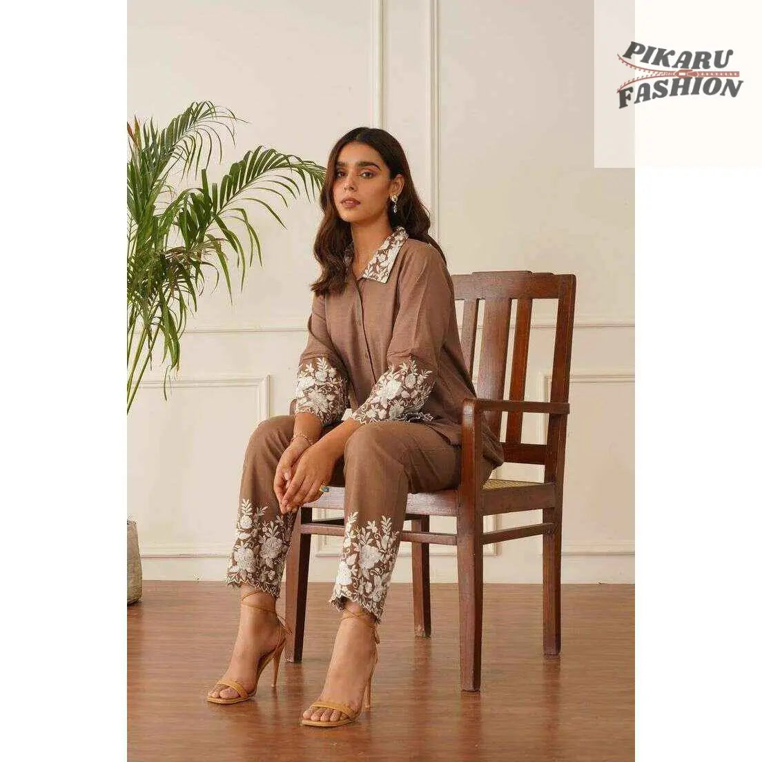 Brown Embroidered 2-Piece Co-Ord Set