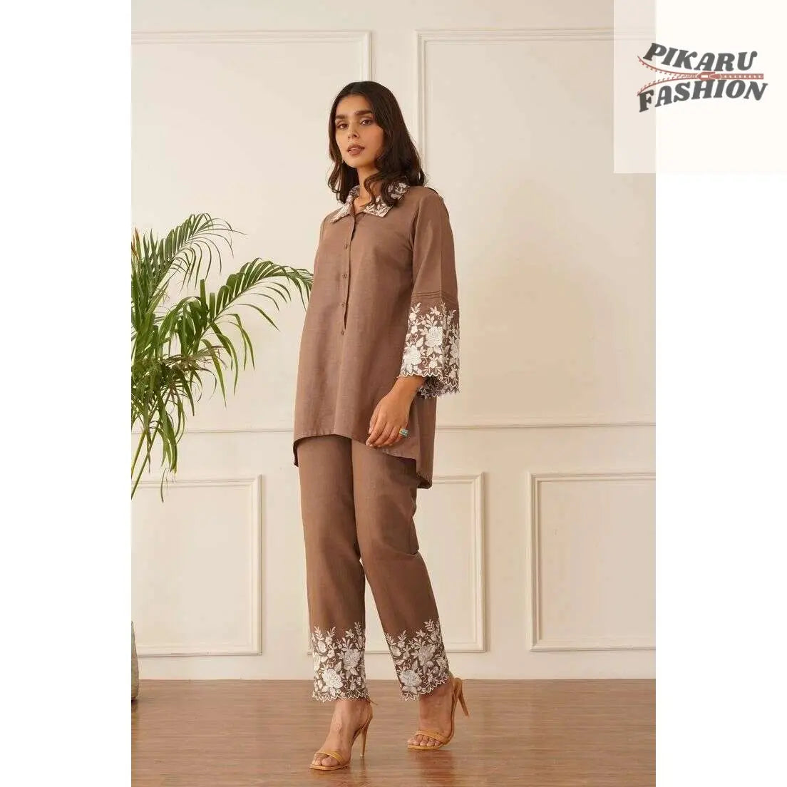Brown Embroidered 2-Piece Co-Ord Set - PIKARU FASHION