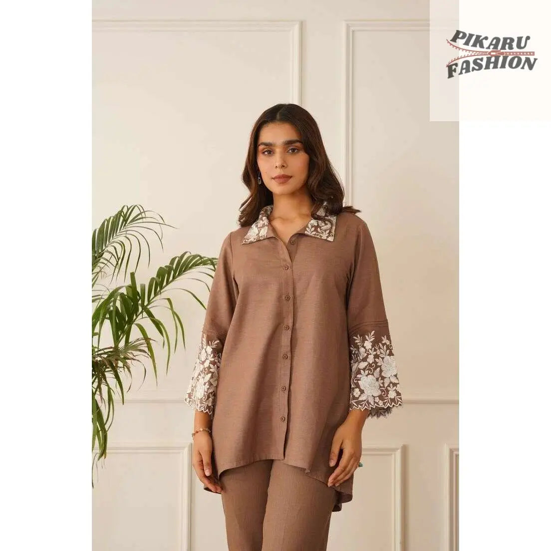Brown Embroidered 2-Piece Co-Ord Set - PIKARU FASHION