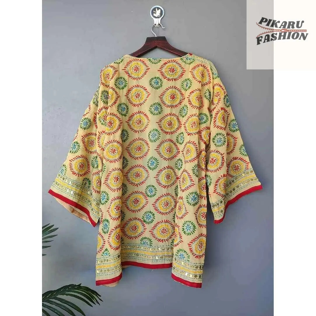 Embroidered Boho Kimono Shrug – Mirror Work & Thread Detailing - PIKARU FASHION