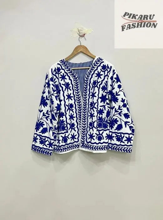 Blue White Embroidered Jacket – Floral Boho Handmade Jacket
