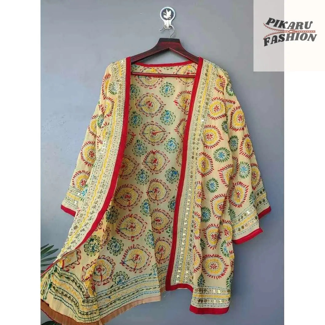 Embroidered Boho Kimono Shrug – Mirror Work & Thread Detailing - PIKARU FASHION