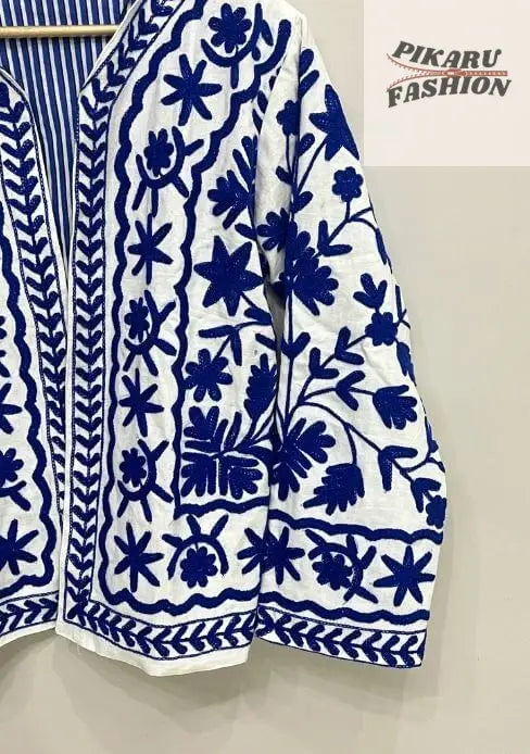 Blue White Embroidered Jacket – Floral Boho Handmade Jacket