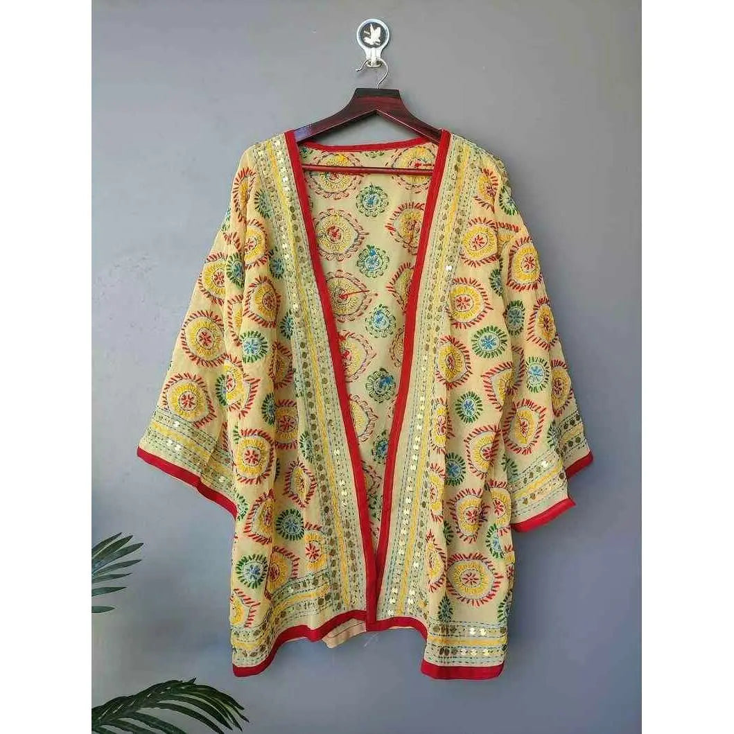 Embroidered Boho Kimono Shrug – Mirror Work & Thread Detailing - PIKARU FASHION