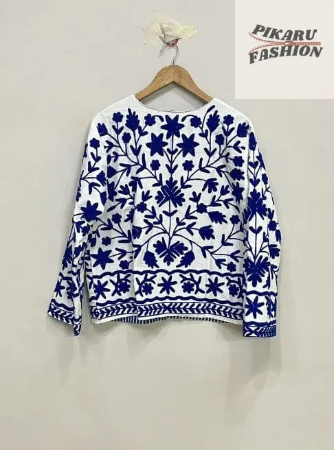 Blue White Embroidered Jacket – Floral Boho Handmade Jacket
