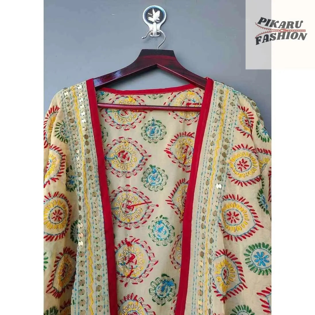Embroidered Boho Kimono Shrug – Mirror Work & Thread Detailing - PIKARU FASHION