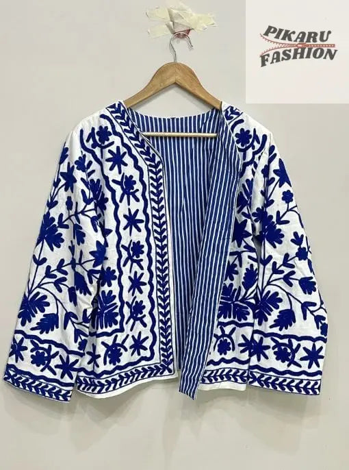 Blue White Embroidered Jacket – Floral Boho Handmade Jacket