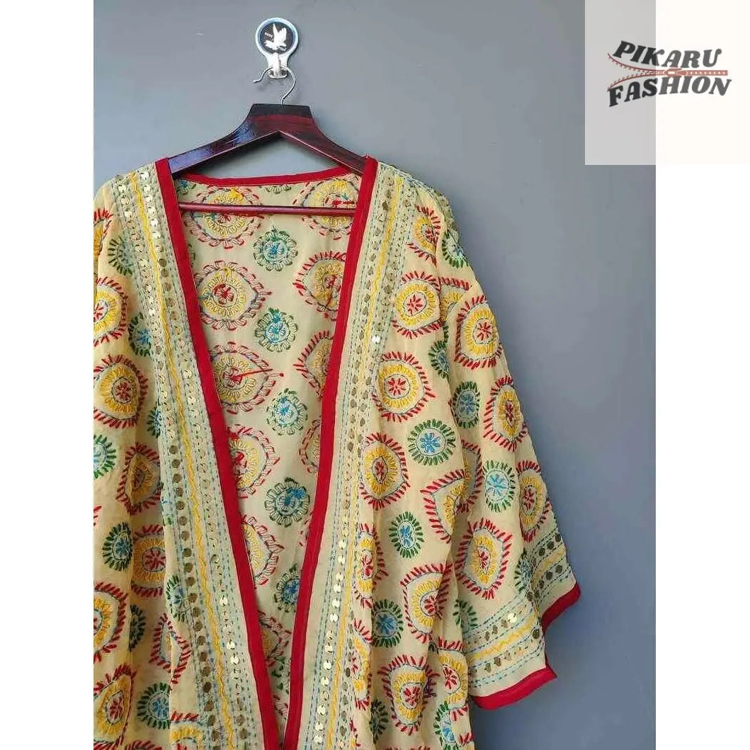 Embroidered Boho Kimono Shrug – Mirror Work & Thread Detailing - PIKARU FASHION