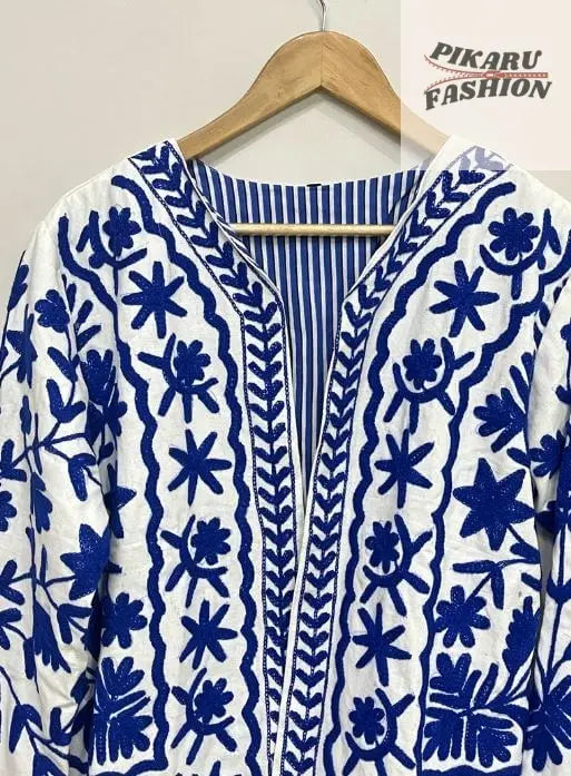 Blue White Embroidered Jacket – Floral Boho Handmade Jacket