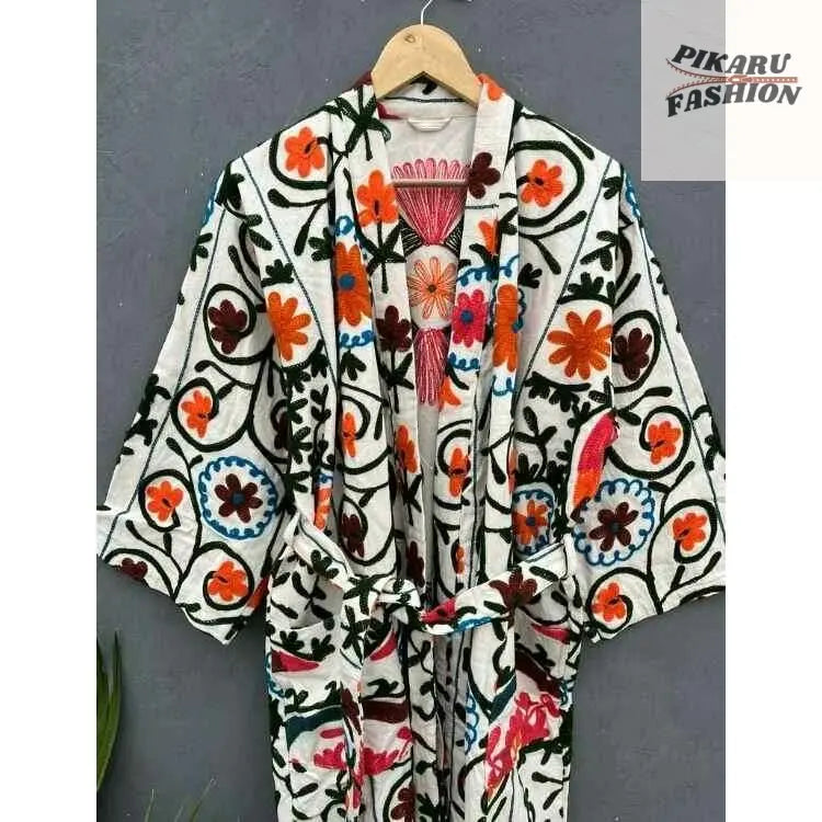Handcrafted Kashmiri Embroidered Cotton Kimono Robe - PIKARU FASHION