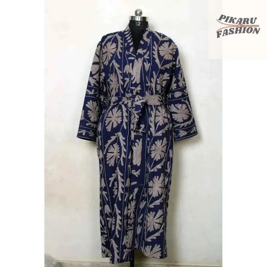 Navy Blue Floral Embroidered Cotton Kimono Robe