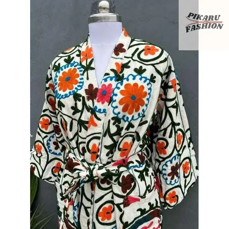 Handcrafted Kashmiri Embroidered Cotton Kimono Robe - PIKARU FASHION