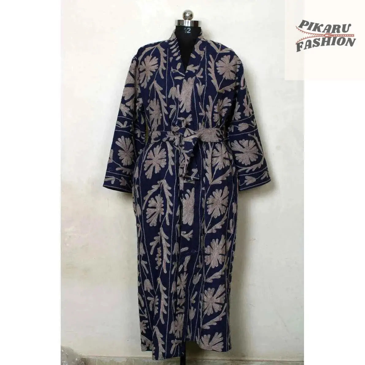 Navy Blue Floral Embroidered Cotton Kimono Robe