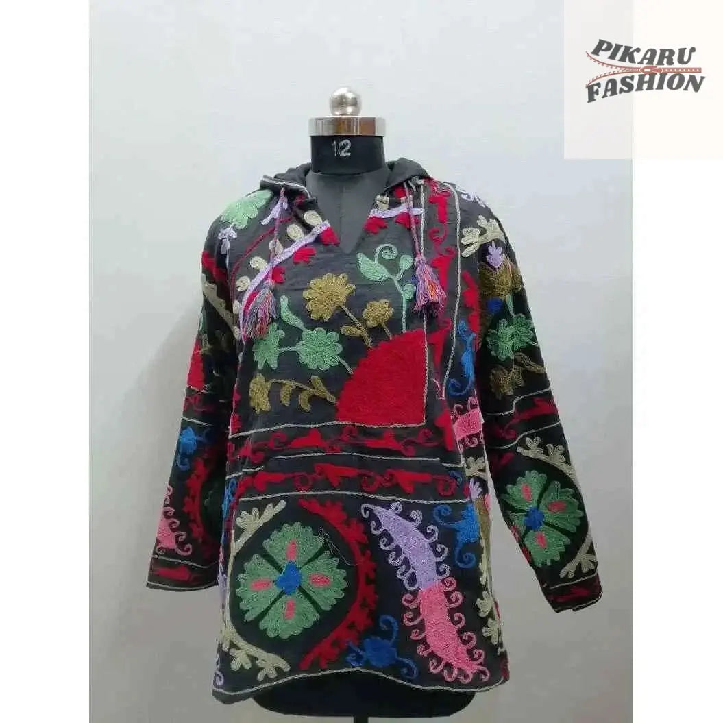 Boho Multicolor Embroidered Wool Hoodie – Handmade Kashmiri Style