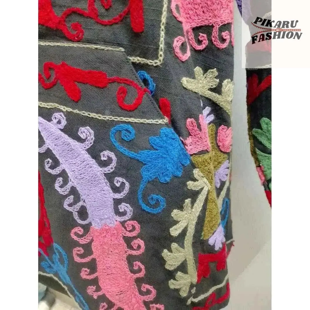 Boho Multicolor Embroidered Wool Hoodie – Handmade Kashmiri Style