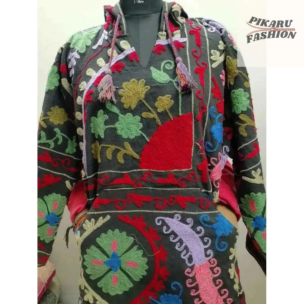 Boho Multicolor Embroidered Wool Hoodie – Handmade Kashmiri Style