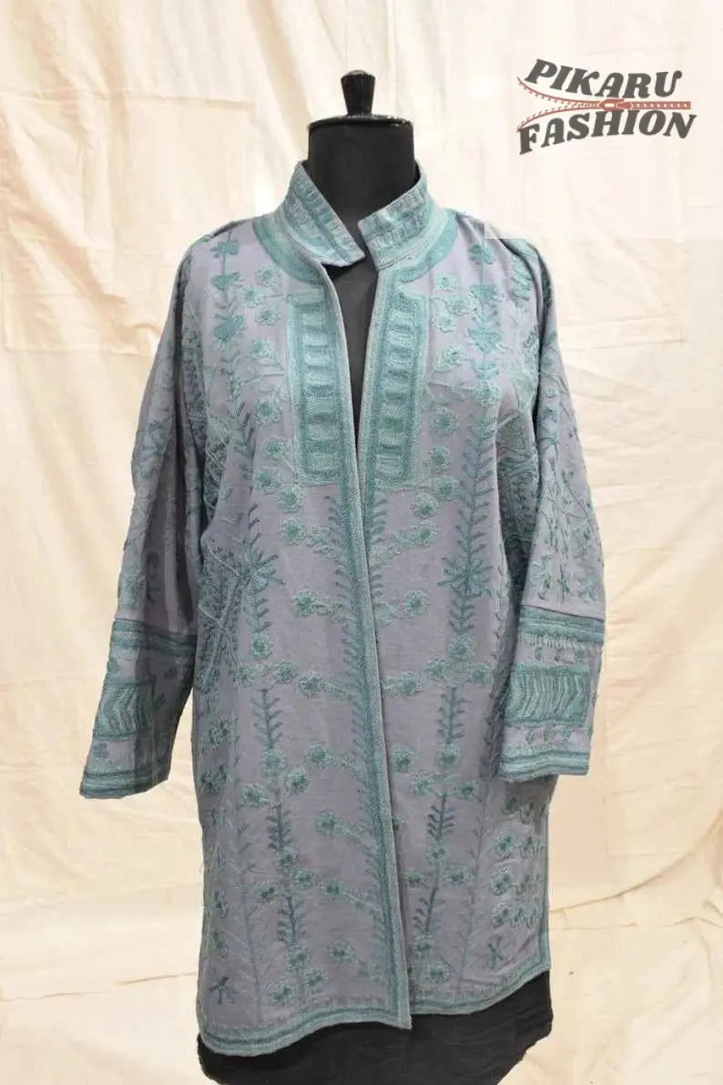 Handcrafted Kashmiri Wool Embroidered Long Jacket – Teal on Grey