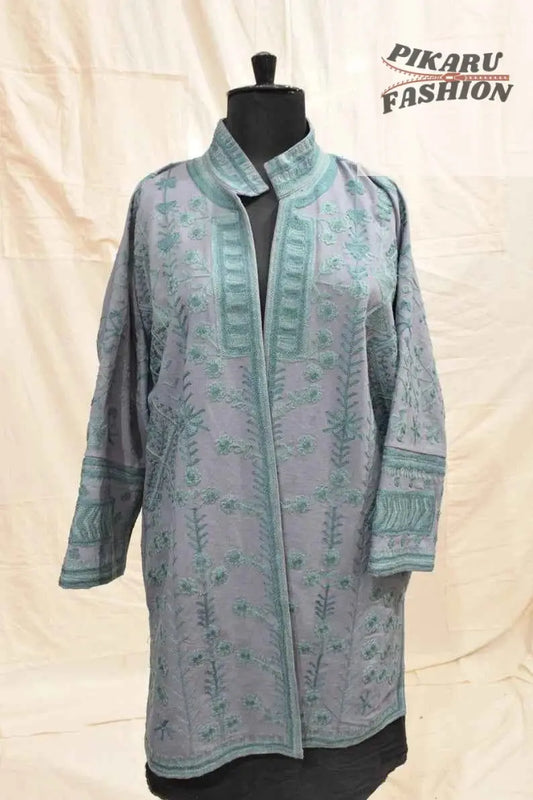 Handcrafted Kashmiri Wool Embroidered Long Jacket – Teal on Grey