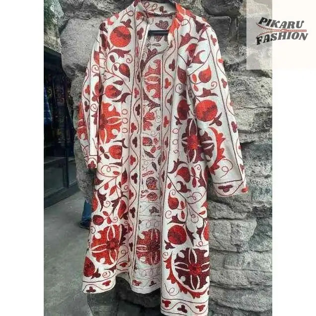 Hand-Embroidered Long kimono Coat – Pomegranate Motif - PIKARU FASHION