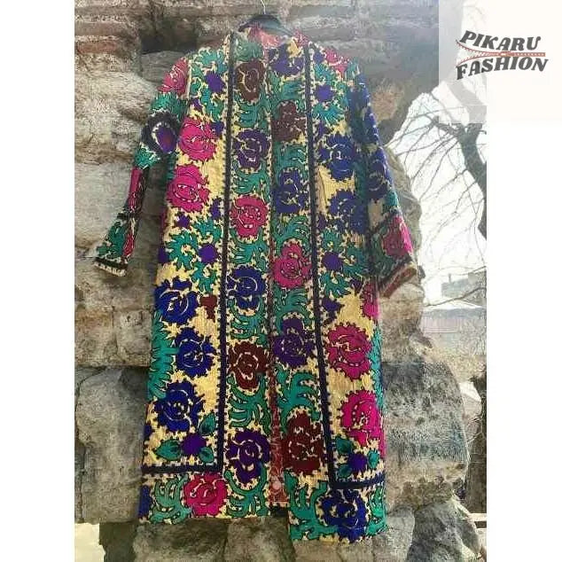 Hand-Embroidered Long kimono Coat – Pomegranate Motif - PIKARU FASHION