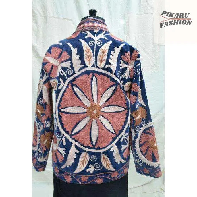 Kashmiri Hand-Embroidered Wool Jacket – Navy & Rose Floral
