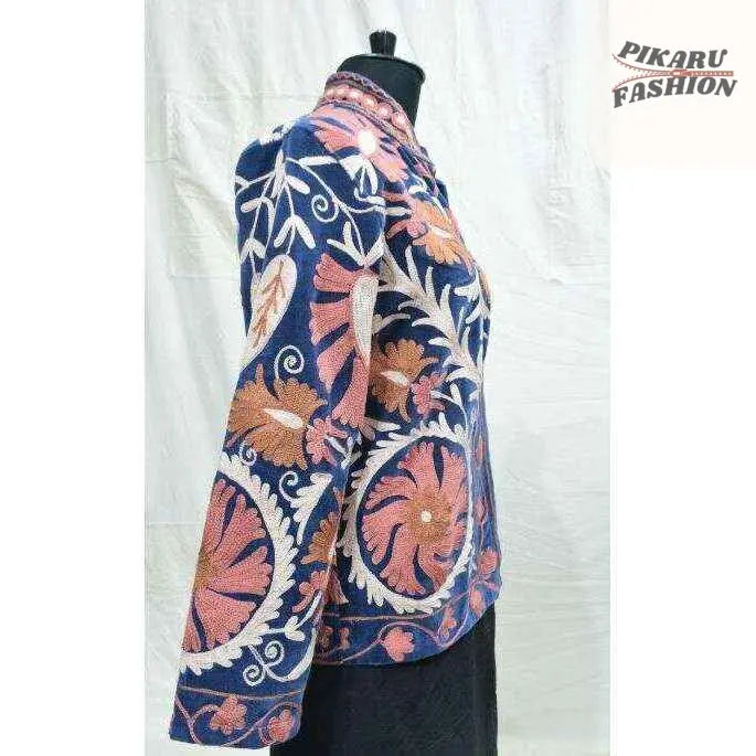 Kashmiri Hand-Embroidered Wool Jacket – Navy & Rose Floral