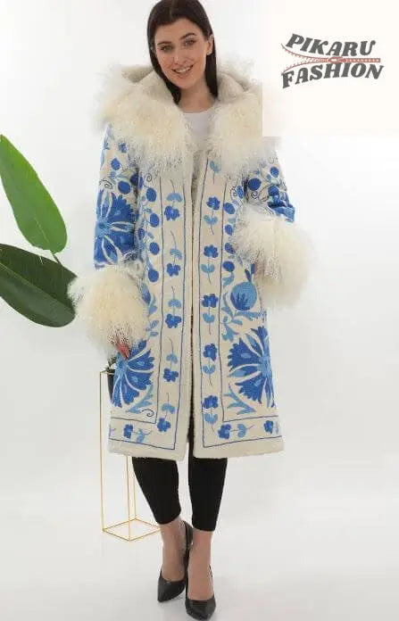Blue Suzani Embroidered Wool Coat with Mongolian Fur Trim