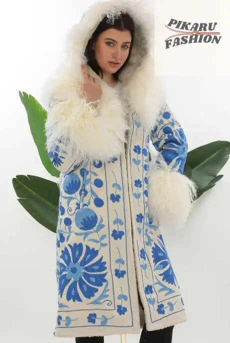 Blue Suzani Embroidered Wool Coat with Mongolian Fur Trim