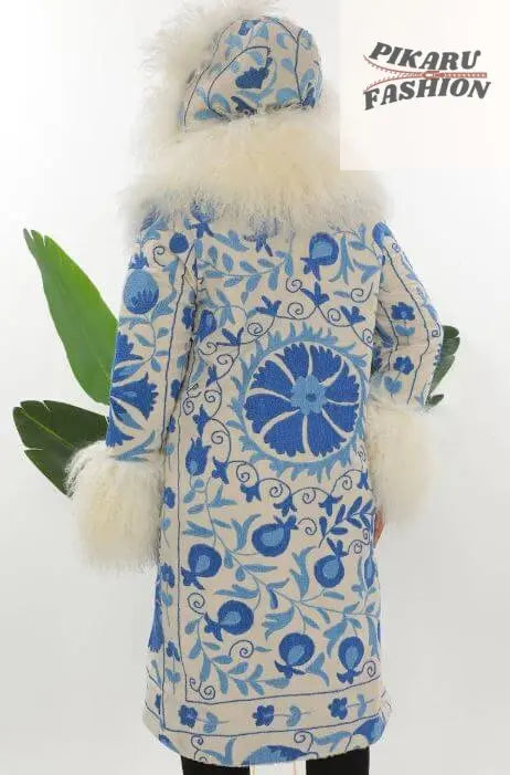 Blue Suzani Embroidered Wool Coat with Mongolian Fur Trim