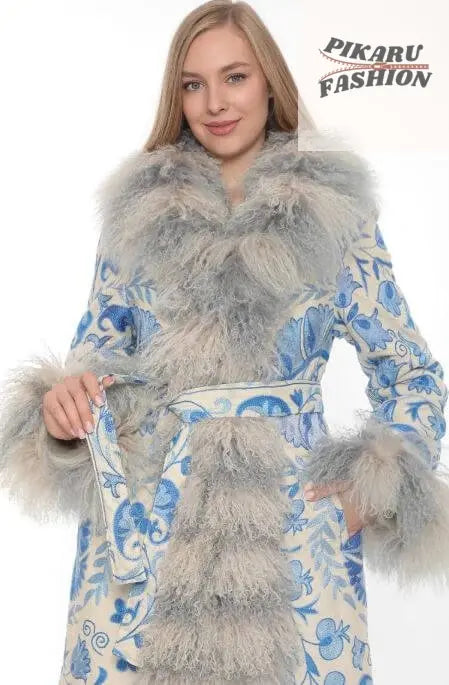 Blue Suzani Embroidered Wool Coat with Mongolian Fur Trim