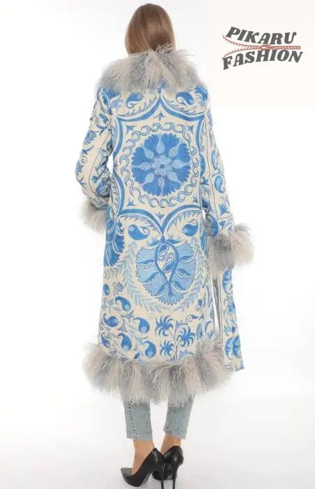 Blue Suzani Embroidered Wool Coat with Mongolian Fur Trim