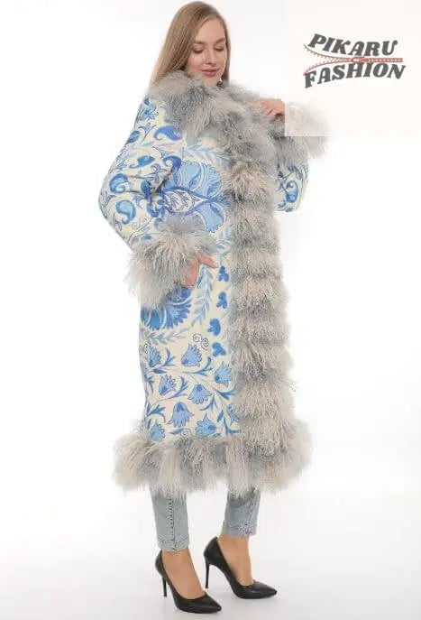 Blue Suzani Embroidered Wool Coat with Mongolian Fur Trim