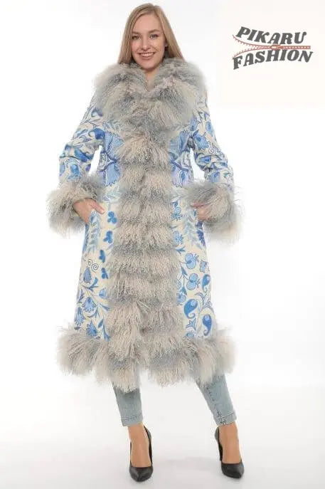 Blue Suzani Embroidered Wool Coat with Mongolian Fur Trim