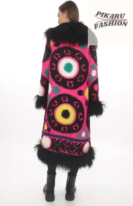 Black Suzani Embroidered Wool Coat with Black Mongolian Fur Trim