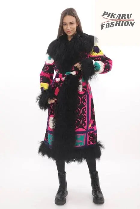 Black Suzani Embroidered Wool Coat with Black Mongolian Fur Trim