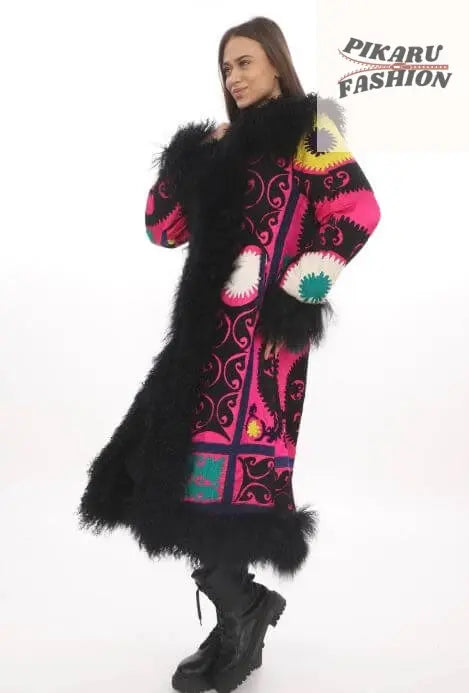 Black Suzani Embroidered Wool Coat with Black Mongolian Fur Trim